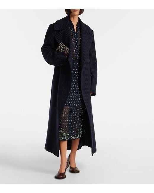 Dries Van Noten Black Belted Pinstriped Wool Coat