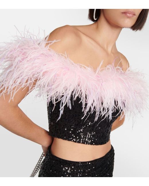 Self-Portrait Pink Feather-Trimmed Sequined Crop Top