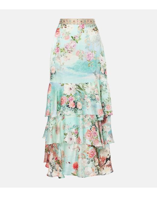 Camilla Blue Ruffled Tiered Silk Maxi Skirt