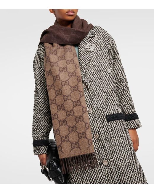 Gucci Brown GG Jacquard Fringed Cashmere Scarf