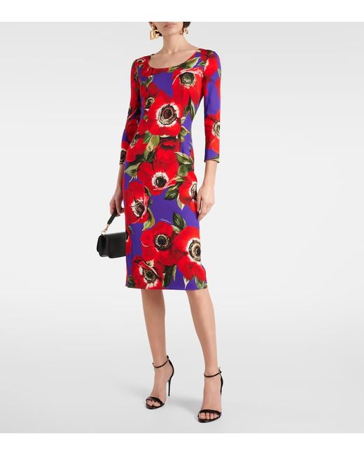 Vestido midi de seda charmeuse estampado Dolce & Gabbana de color Red