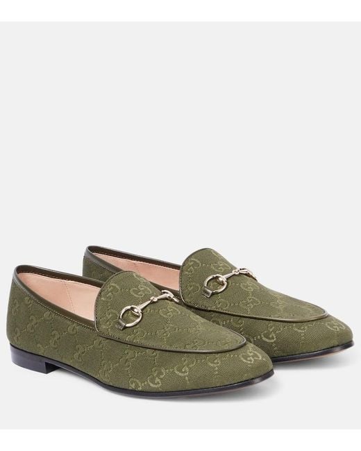 Gucci Green Jordaan Horsebit-Detailed Leather-Trimmed Canvas-Jacquard Loafers