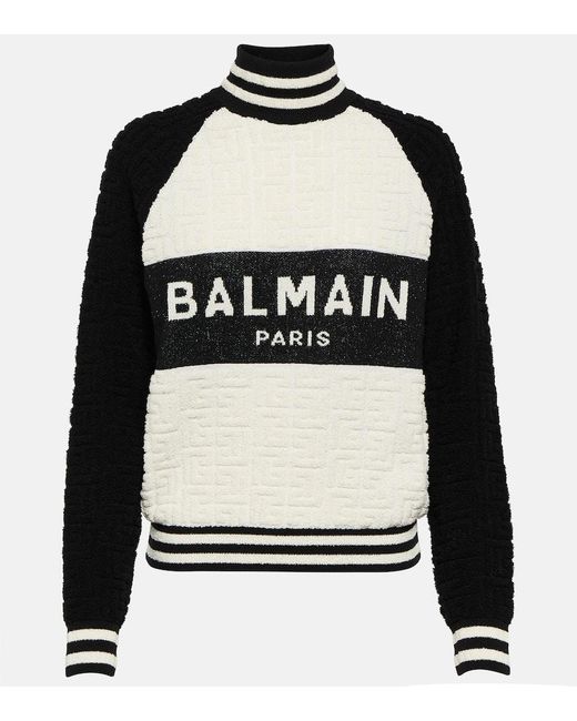 Balmain Black Monogram Jacquard Wool And Cotton-blend Sweater