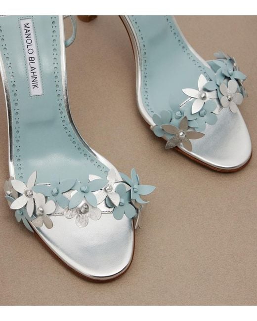 Manolo Blahnik Blue Anista Floral-Applique Leather Sandals