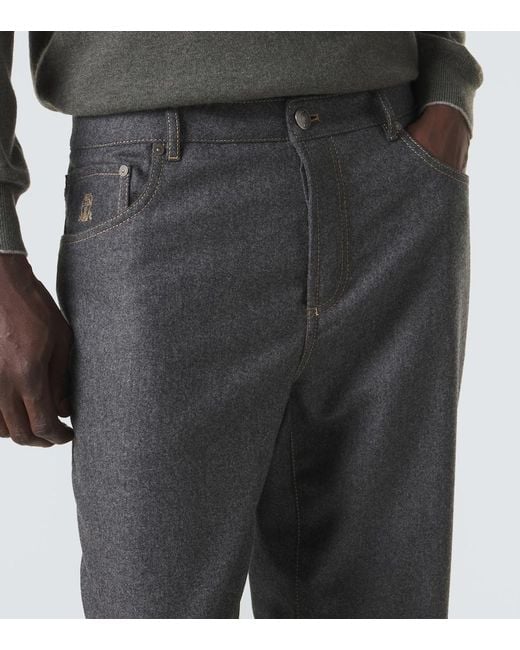 Brunello Cucinelli Gray Virgin Wool Flannel Straight Pants for men