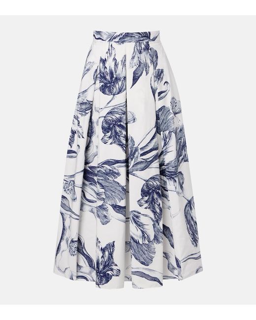 Erdem Blue Floral Cotton Poplin Midi Skirt