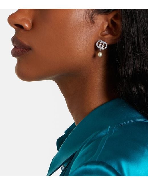 Gucci White Interlocking G Embellished Drop Earrings