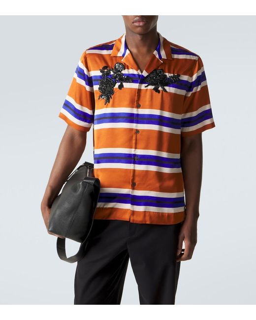 Dries Van Noten Blue Embellished Striped Satin Shirt for men