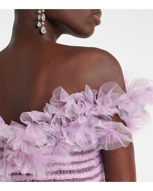 SUSAN FANG Pink Shirred Off-Shoulder Tulle Top