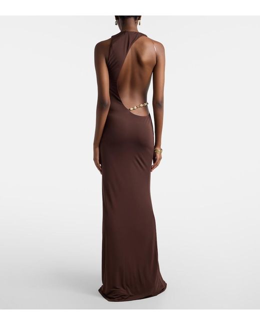De La Vali Brown Maha Beaded Open-Back Jersey Gown