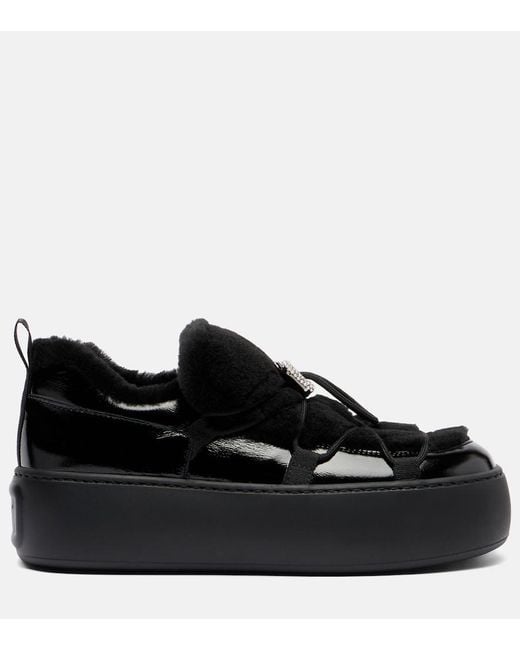 Roger Vivier Black Viv' Up Shearling And Patent Leather Sneakers