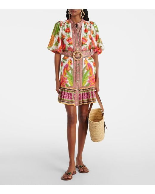 Vestido Corto En Mezcla De Algodon Con Cinturon Farm Rio de color Multicolor