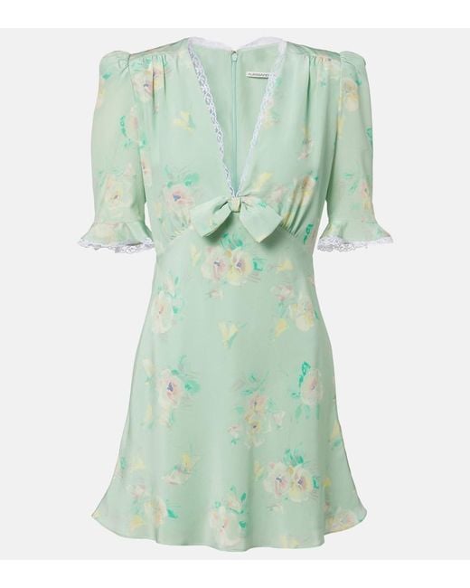 Alessandra Rich Green Lace-Trimmed Floral Silk Minidress