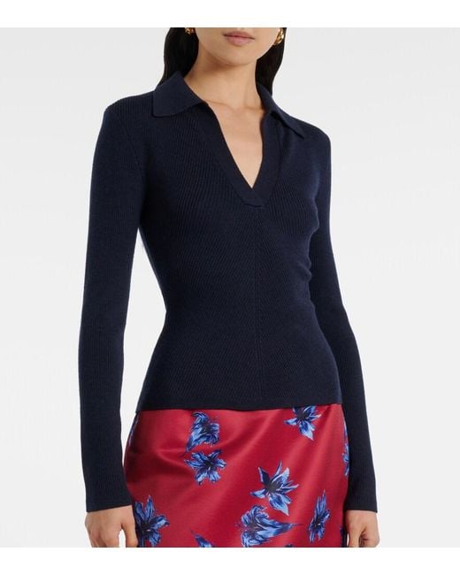Emilia Wickstead Blue Austin Ribbed-Knit Wool Polo Sweater