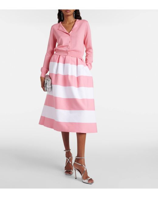 Carolina Herrera Pink Striped Pleated Cotton-blend Midi Skirt