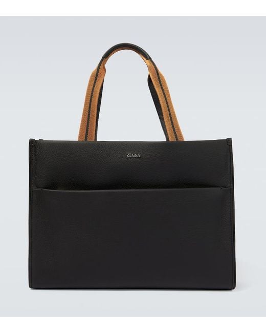 Zegna Black Leather Tote Bag for men