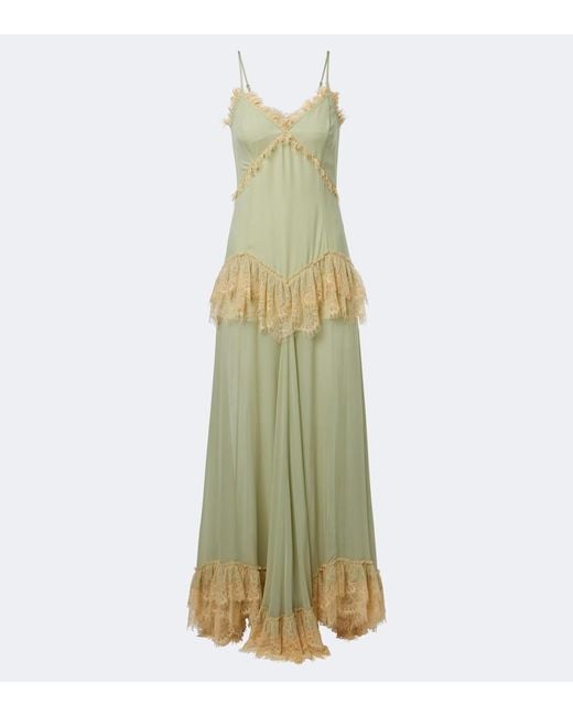 De La Vali Green Estela Lace-Trimmed Georgette Maxi Dress