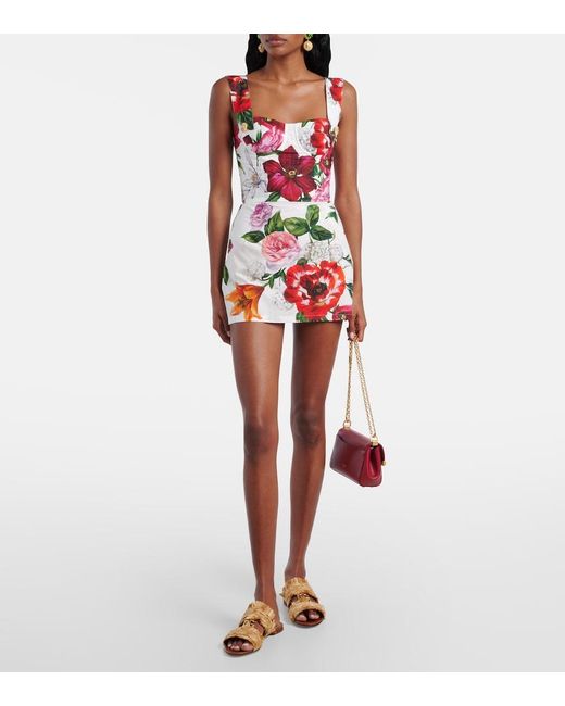 Dolce & Gabbana Red Floral-Print Cotton-Poplin Mini Dress