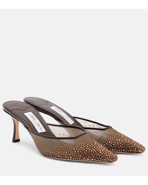 Jimmy Choo Brown Mules Vivi 65 Aus Mesh Mit Kristallen