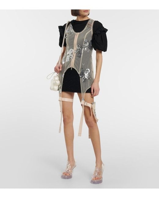 Simone Rocha White Sequined Zip-Up Tulle Top