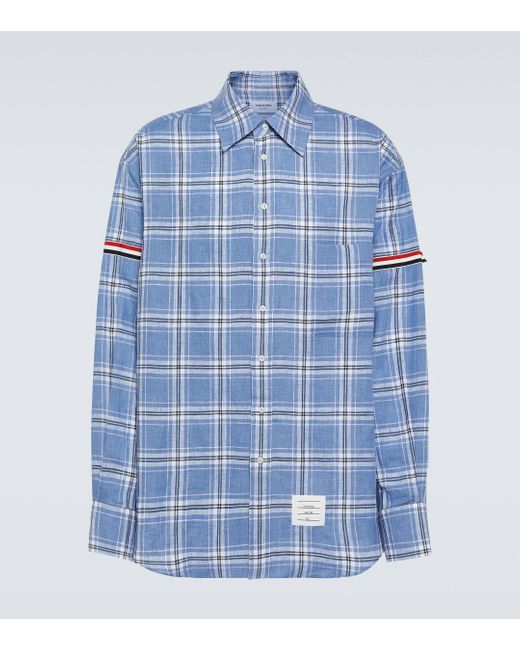 Thom Browne Blue Tartan Linen Shirt for men