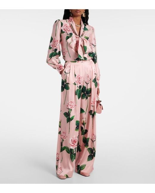 Dolce & Gabbana Pink Floral Tie-Neck Silk Satin Blouse