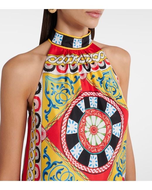 Dolce & Gabbana White Taormina Printed Halterneck Silk Gown
