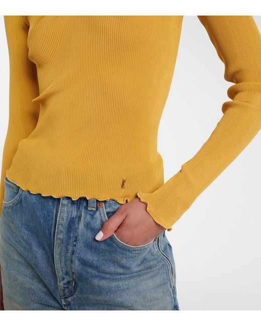 Saint Laurent Yellow Ribbed-Knit Silk Top