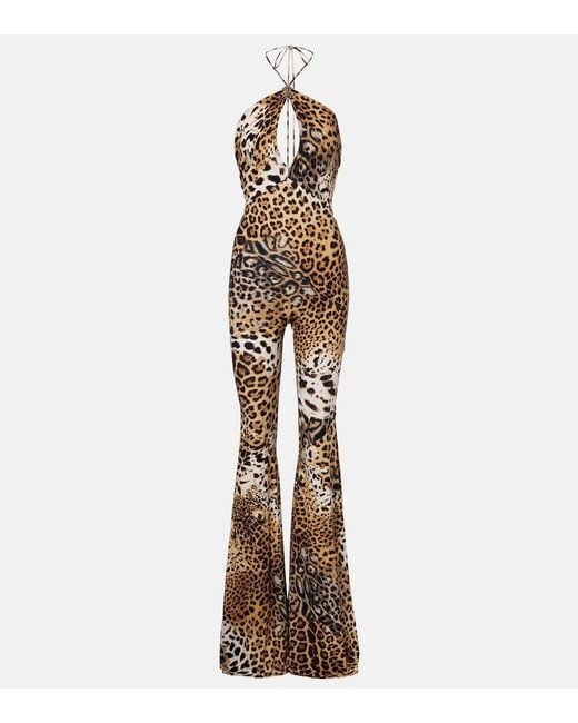 Roberto Cavalli Metallic Jaguar-Print Cutout Jersey Jumpsuit