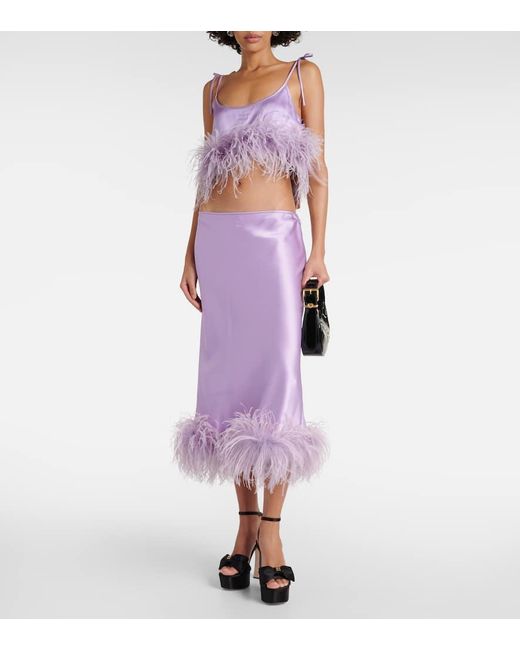 Miu Miu Purple Cropped-Top Aus Satin Mit Federn