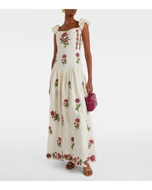 Agua Bendita Natural Siembra Embroidered Linen Maxi Dress