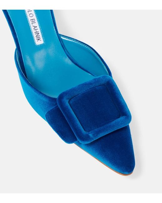 Manolo Blahnik Blue Maysale 50 Velvet Mules
