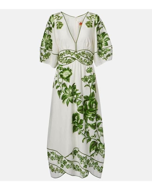 Farm Rio Green Yard Linen-Blend Midi Dress