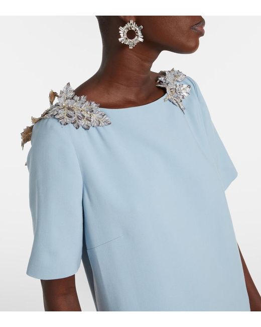 Oscar de la Renta Blue Fern Sequined Wool-Blend Gown
