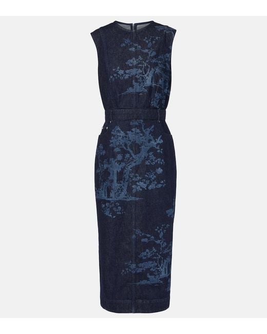 Erdem Blue Printed Cotton Denim Pencil Dress