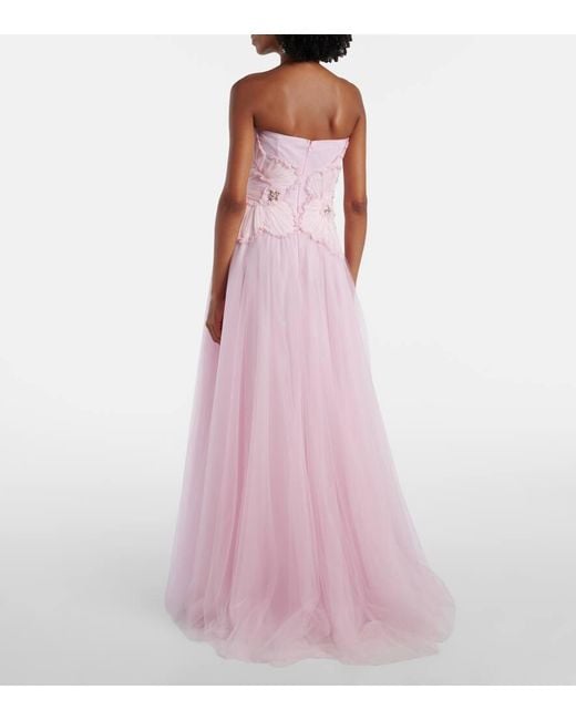 Costarellos Pink Edra Embellished Tulle Bustier Gown
