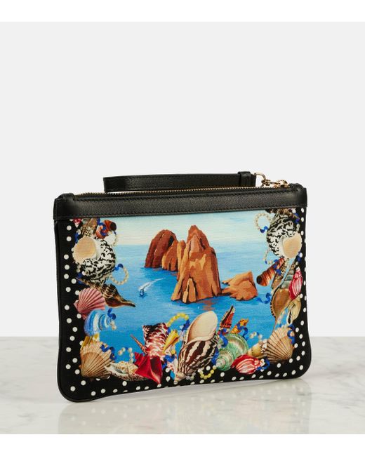 Dolce & Gabbana Black Capri Printed Leather-trimmed Canvas Pouch