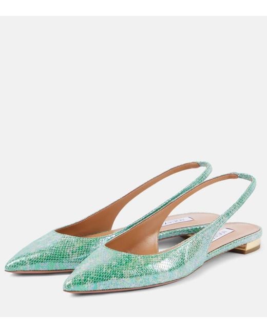 Aquazzura Green Purist Snake-Effect Leather Slingback Flats