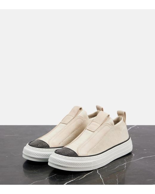 Brunello Cucinelli White Slip-Ons Monili Aus Canvas Mit Veloursleder