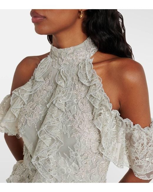 Costarellos White Rhodine Embellished Halterneck Lace Gown