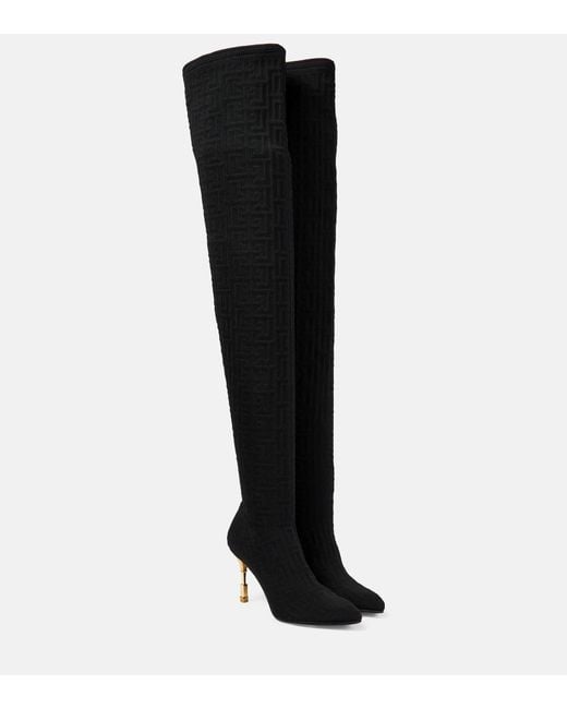 Balmain Moneta Monogram Mesh Over-the-knee Boots in Black | Lyst