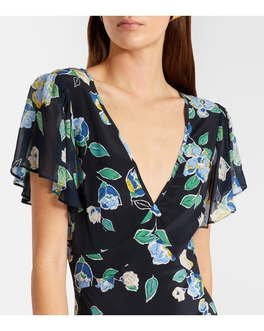 Rixo Black Kimmie Floral Ruffled Silk Midi Dress