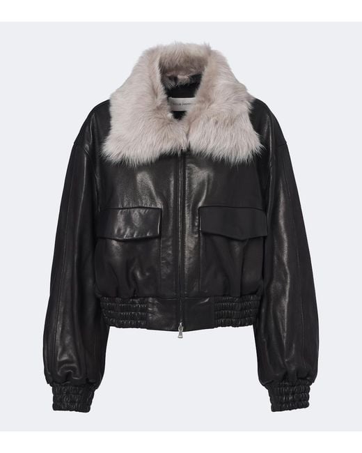 Nour Hammour Black Shearling-Trimmed Leather Blouson Jacket