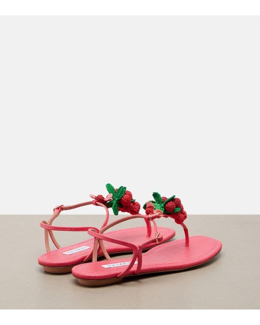 Aquazzura Pink Berry Raffia-Effect Thong Sandals