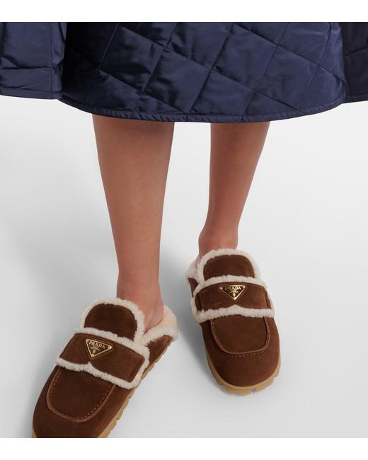 Prada Brown Shearling-Lined Suede Mules
