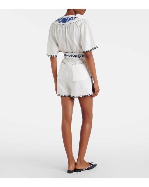 Farm Rio Blue Embroidered Linen-Blend Romper