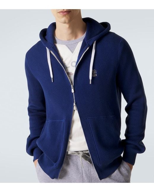 Brunello Cucinelli Blue Ribbed-Knit Cotton Zip-Up Hoodie for men
