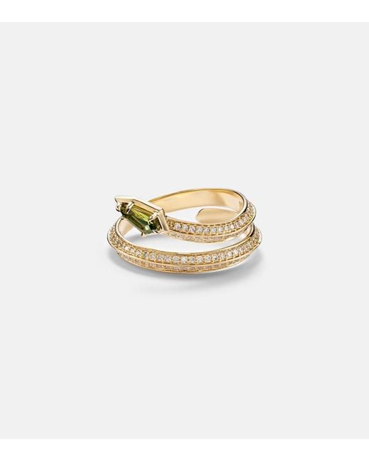 STONE AND STRAND White Shield Serpent 14Kt Ring With Diamonds And Tourmaline