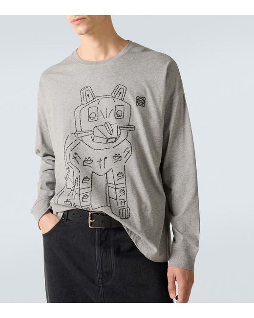 Loewe X Louis Wain Cat Long-Sleeves Cotton-Jersey T-Shirt in Gray 