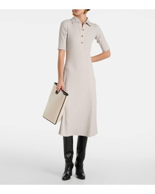 Vince White Ribbed-Knit Cotton-Blend Polo Dress